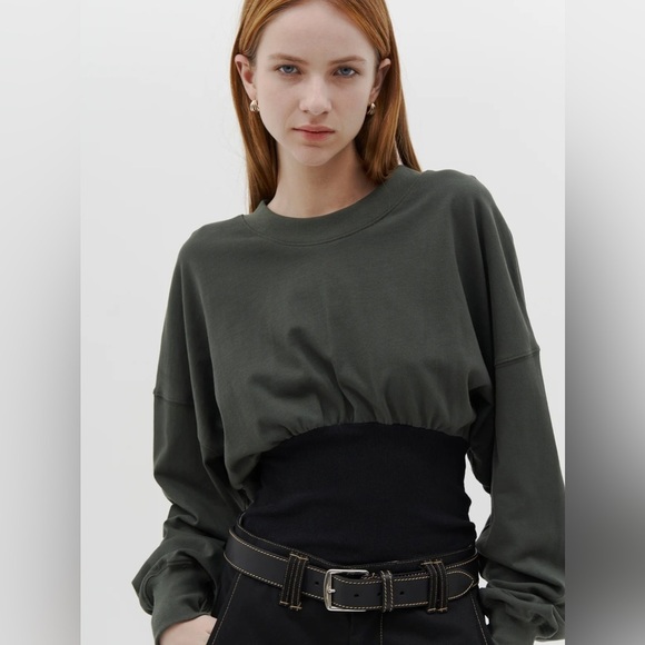 Bassike Rib Insert Double Jersey Top Organic Cotton Ribbed Grey Black Australia - Picture 1 of 16